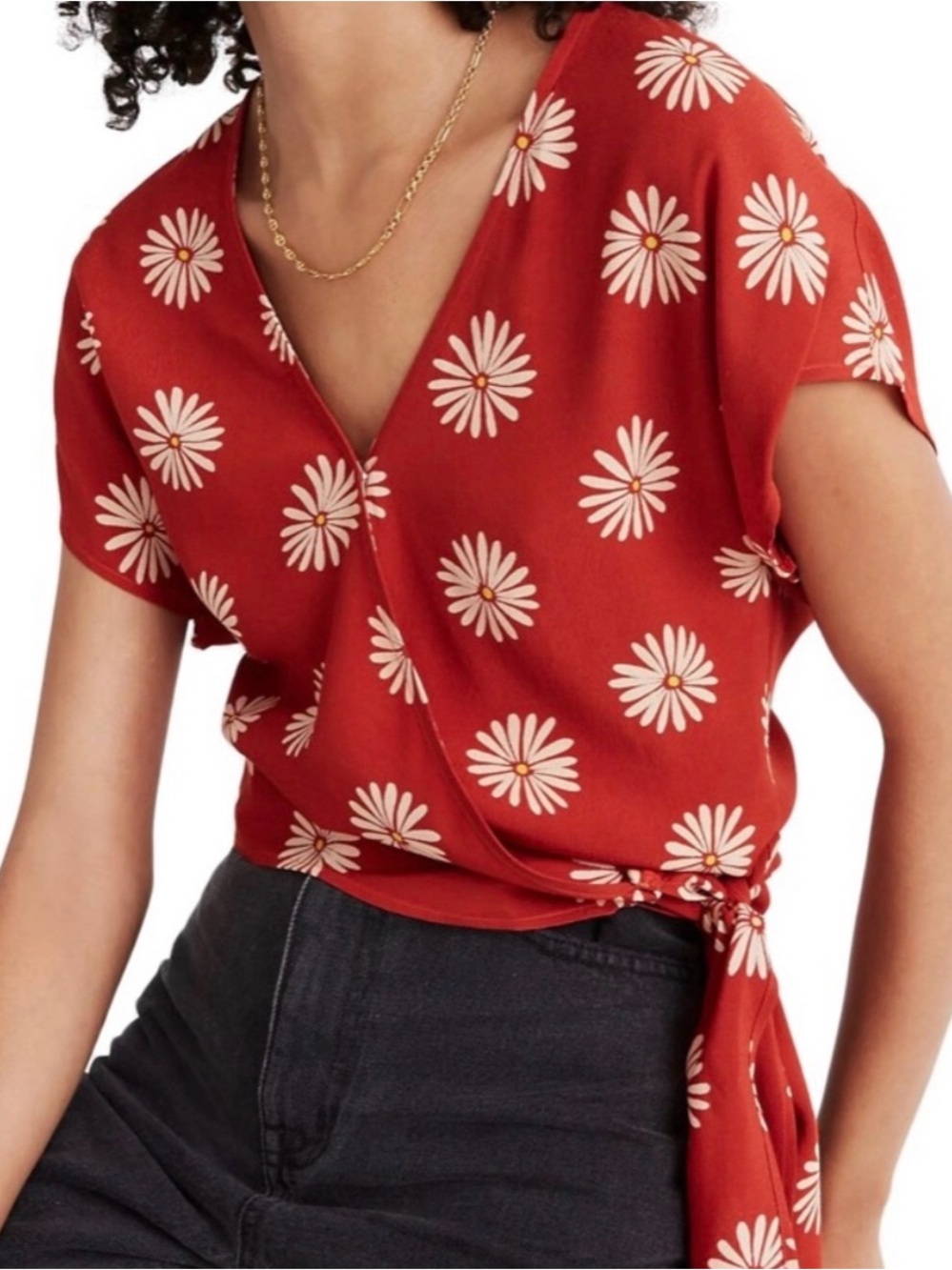 Madewell Sash-Tie Daisy Daydream Wrap Top in Red/Cream/Golden Yellow